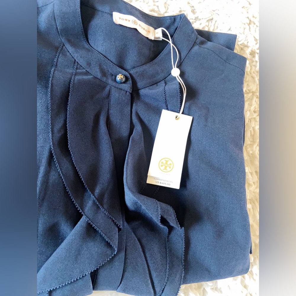 NWT Tory Burch Navy Jane Ruffle Crepe Dress Size 10 - Picture 4 of 6